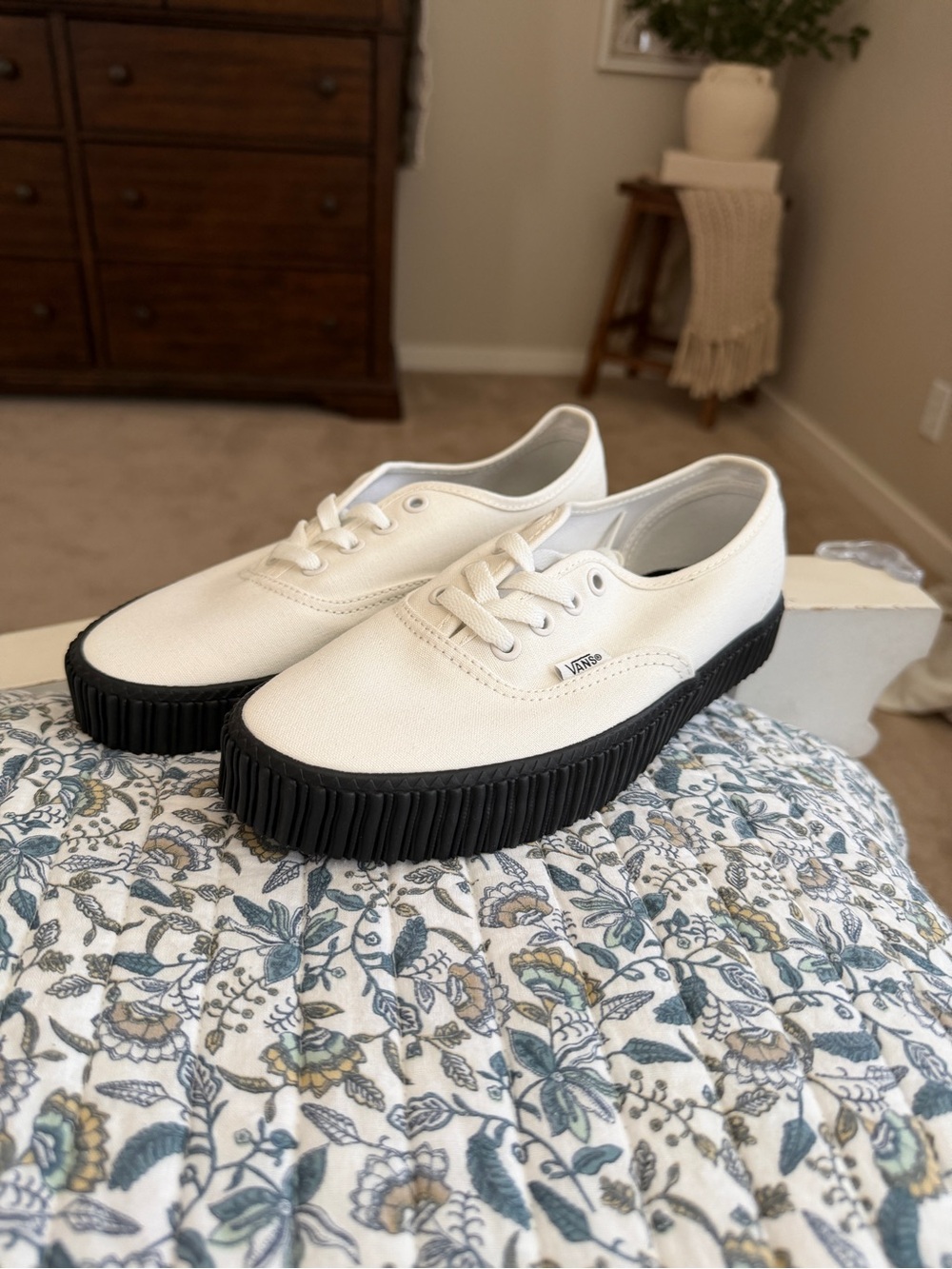 Vans White Canvas Platform Sneakers with Black Ribbed Sole